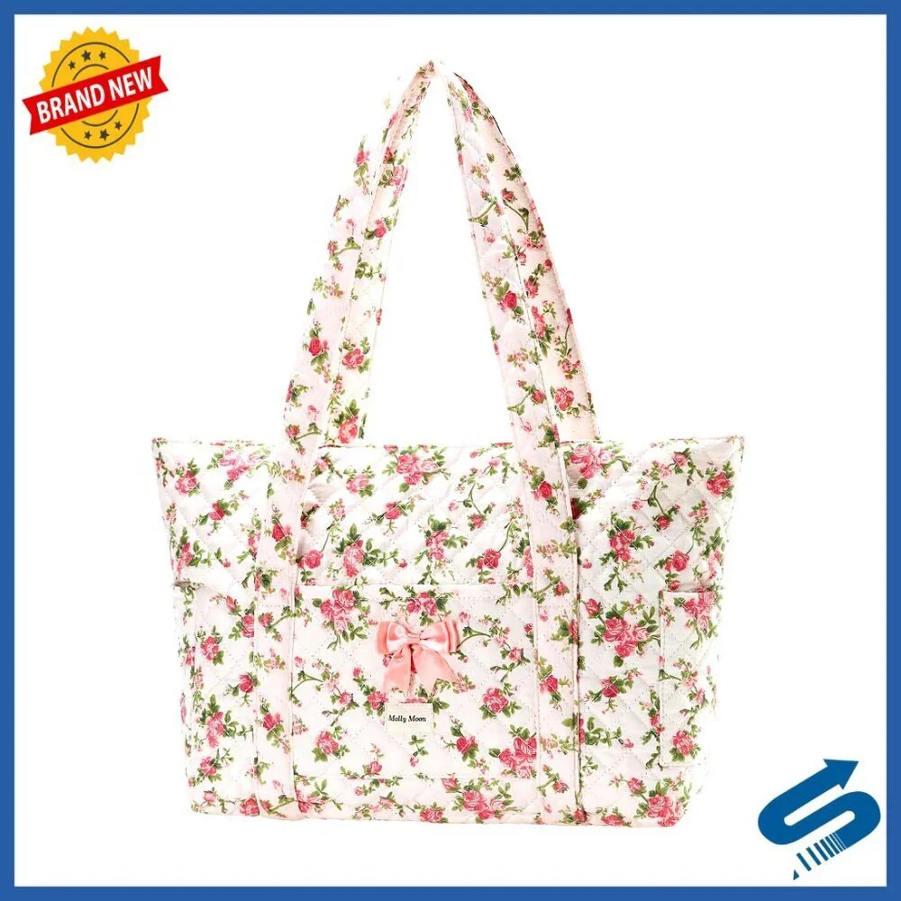 Quilted Floral Gingham Tote Bag with Zipper Bow Shoulder Bag Work Travel